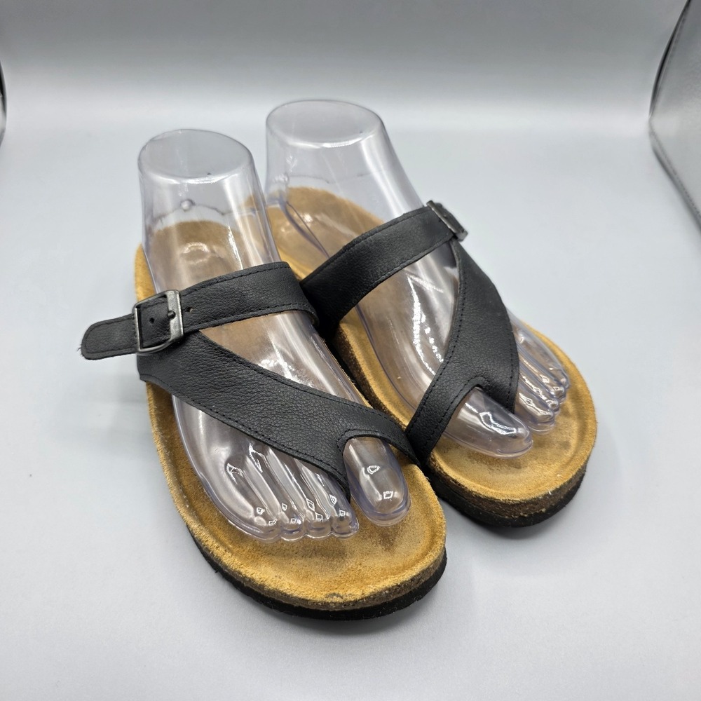 NAOT Sandals Womens 38 Black Leather Slide Thong Toe Loop Comfort Cork Shoes